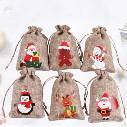 Christmas Burlap Linen Drawstring Bag Gift Wraps Santa Claus Snowman Penguin Elk Candy Jewelry Packaging Present Storage Bags Xmas Favors Decoration