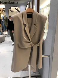 Nomikuma Frühling Ärmellose Blazer Weste Spitze Up Elegante Koreanische Westen Mantel Kausalen Umlegekragen Frauen Jacken 6E659 211008