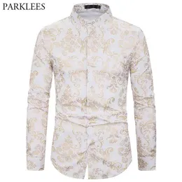 Mens Golden Floral Luxury Design Slim Fit Långärmad Knapp Nedblommig Tryckt Stilig Vit Klänning Party Weeing Shirt 210522