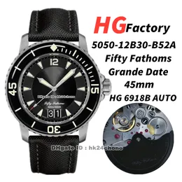 HG Factory Klockor 5050-12B30-B52a Fifty Fathoms Grande Datum Titanium 45mm Cal.6918B AutoTic Mens Watch Sapphire Bezel Black Dial Canvas Strap Gents Wristwatches