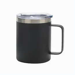 12oz Black Blasting Office Water Mugs with Handle Stainless Steel Insulated Coffee Cups Anti-rust Drinking Cola and Beer Glasses Tumbler