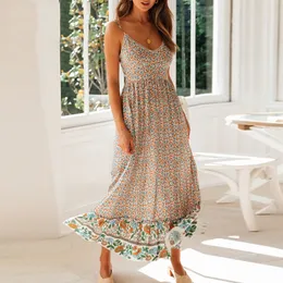 Sexy V-Ausschnitt Boho Sommerkleid Frauen ärmellose Rüschen Maxi langes Kleid lässig Blumendruck Strandkleider Vestidos Plus Größe 210415