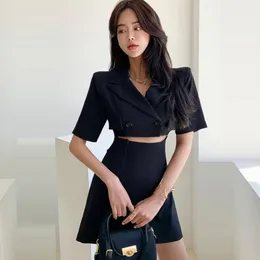 llzacoosh夏の女性韓国のファッションの偽の2つの部分のドレスブラックノッチ襟の中空中にオフィススリムミニドレス女性210514