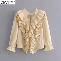 Zevity Women High Street Elastic Agaric Lace V Neck Pleat Cascading Ruffle Shirt Female Blouse Roupas Chic Chemise Tops LS9105 210603