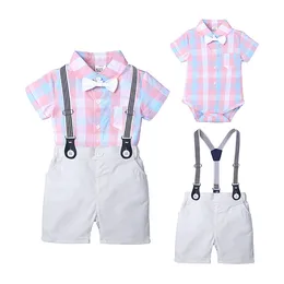 Formalne ubrania dla dzieci Boys Outfity Summer Toddler Boy Ubrania z bawełnianymi kratkami z krótkim rękawem+śliniak szorty dla dzieci najwyższa jakość.