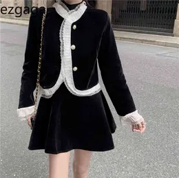 Ezgaga Two Piece Set Women Casual Vintage Black Lace Patchwork Cropped Jackets and High Waist Skirts Elegant Outwear Korean Tops 210430