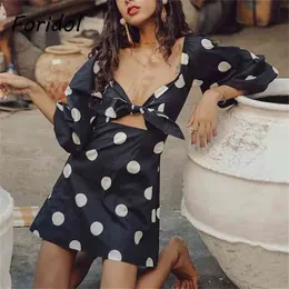 Foridol Polka Dot Bowknot Vintage Beach Summer Dress Women Lantern Sleeve Boho Dress V Neck Black Drop Dress 210415