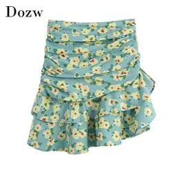 Boho Floral Print Mini Spódnica Ruffles High Waist She Shath S Kobiety Wstecz Zipper Line Beach Summer Faldas Cortas 210515