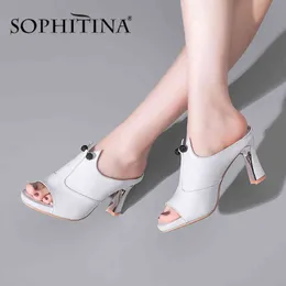 Sophitina Sandals Kvinnor Kortfattat Högkvalitativt ko Läder Mode Högklackat Skor Eleganta Comfotable Tofflor Kvinnor SO469 210513