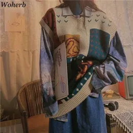 Woherb kvinnor hajuku tröja väst höst koreansk stil vintage tryckta v nacke ärmlös pullovers stickade kvinna tröjor 211215