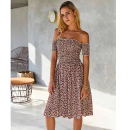 Jastie Kobiety Letnia Sukienka Floral Print Midi Suknie Z Ramię Boho Beach Sukienka Odzież damska Vestidos de Verano 210419