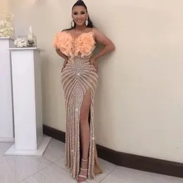 Sparkly Sier paljetter sjöjungfrun Prom Party Dresses for Black Girl Sheer Neck Front Split Plus Size Arabic Aso Ebi Style Formell Evening Ocn Gowns Robe de Soiree 322