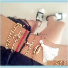رابط ، JewelryLink ، سلسلة 6pcs/مجموعة أساور النساء مجموعة بوهو قذيفة Knotted Key Pearl Leather Leather Bracelet Lady Fashion Bangle
