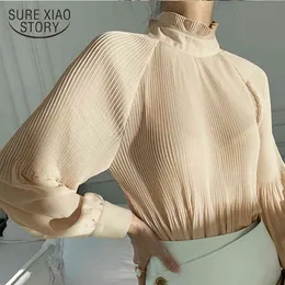 Kontor Lady Puff Sleeve Chiffon Blouse Fashion Stand Collar Pleated Women Shirts Spring Autumn Solid Kvinna Toppar 12725 210415