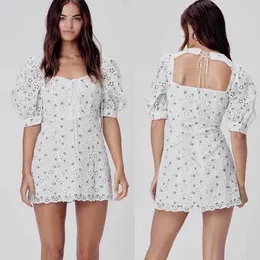 INSPIRED blue floral summer embroidered eyelet cotton women lace-up bodice sexy party puff sleeve dress 210412