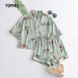 Toppies Mulheres Pajams Animal Impressão Leopardo Feminino Sleepwear Casual Shorts Set Loungewear Wome 210713