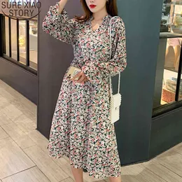 Vintage Kvinnor Vår Koreansk stil Blommigryck Klänningar V-Neck Långärmad Chiffon Klänning Vestidos Femenino 13195 210417