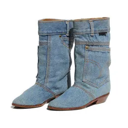 Fashion New Mid Calf Boots Women Shoes Low Heel Casual Boots Ladies Jeans Leather Pointed Toe Cowboy Boots Big Size BeautyFeet Y1105