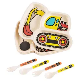 Dziecko bambusa obiadowa płyta + łyżka + widelec karmienia żywności naczynia stołowe zestaw kreskówki samochodu styl dziecko dania bambusowe puchar do karmienia G1210
