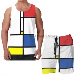 Träningsoveraller för män Sommar Casual Roligt tryck Herr Linne Dam Mondrian Minimalist De Stijl Modern konst Strandshorts Set Fitnessväst