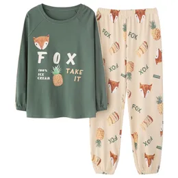 Kvinnors Pajamas Set Cute Fox Cartoon Sleepwear Women Bomull Långärmad Pijama Casual HomeWear Pyjamas Partihandel 210330