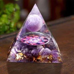 Handmade Orgonit Pyramid 60mm Ametyst Kryształ Kula z Amethyst Natural Cristal Stone Orgone Energy Healing Orgone 210607
