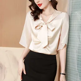 Koreanska Silk Kvinnors Skjorta Blusar För Kvinnor Kortärmad Solt Solid Skjortor Kvinnlig Top Aprikos Bowrem Oversize 210604