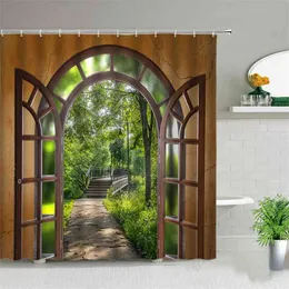 Window Outside Forest Bridge Spring Landscape Creativity Shower Curtain Zen Stone Tree Building Scenery Cloth Curtains With Hook 210609