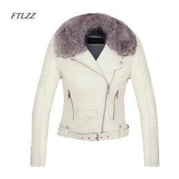 Women Winter Faux Leather Jacket Warm Large Fur Collar Lady Motorcycle Pu Soft White Black Pink Coat 210430