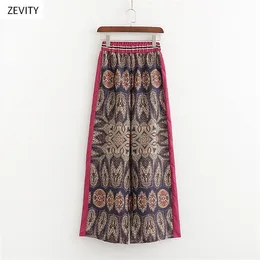 ZEVITY Yeni Kadın Vintage Totem Çiçek Baskı Renk Maç Geniş Bacak Pantolon Femme Elastik Bel Retro Pantolon Rahat Chic Pantolon P829 Q0801