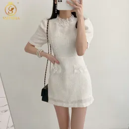 Fashion Sweet Pearl Lace Ruffle Summer Dress Robe Ladies Short Sleeve Tweed Mini Vestido Da Festa 210520