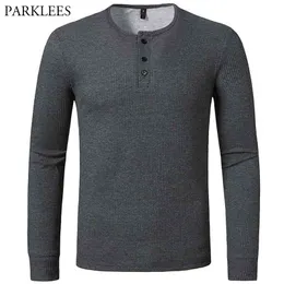 Waffle T Shirt Men Brand Mens Henley Casual Slim Fit Long Sleeve Tee Homme Solid Hip Hop Camisetas Tops XXL 210629