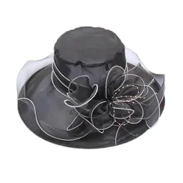 Breda randen hattar hink hattar mode damer klär bröllop organza hatt kyrka blommor hatt elegant derby hattar flickor breda grim solvisorer lopp cap brud pannband