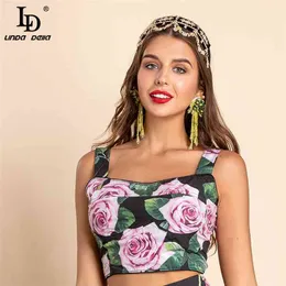 Summer Fashion Camis Corset Women Runway Sexy Spaghetti Strap Rose Flower Print Short Bustier 210522