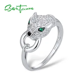 SANTUZZA Silver Ring For Women Pure 925 Sterling Leopard Panther Cubic Zirconia s Party Trendy Fine Jewelry 211217