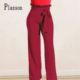 Plazson秋冬女性ベルトパラッツォパンツ緩いズボンハイウエストワイドレッグズボンストリートウェアパンタロン211216