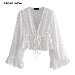Vintage Tie Bow Lacing up Adjust Bandage 3D Dot Voile Cardigan Blouse White Women Flare Sleeve Holiday Crop Shirt Tops 210429