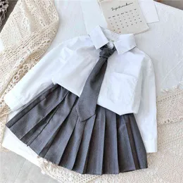 Gooporson Moda Koreański Z Długim Rękawem Bluzka Cardiganskirt z Nectie Fall Little Girls Clothing School Uniform Dzieci Outfit G220310