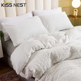 Högkvalitativ enkel ren färg Seersucker tyg 2-3 uppsättningar av sängkläder, nordiska täcker för sängen 150, Duvet Cover 200x200 240x220 211007