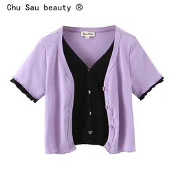 女性夏のトップスカジュアル太郎紫色の偽の2つの愛ボタン半袖カールシャツカーディガン210514
