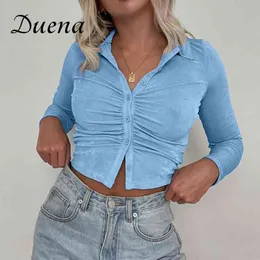 Duena Button Up Collar Koszula Z Długim Rękawem Crop Top Spring 2021 Sexy Podstawowe Slim Moda Damska Ruched Woman T Shirt Y0508