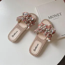 Women Summer Beach Slippers Breathable Linen Flip Flops Female Casual Flax Slippers Sandals Floral Bow Indoor Shoes 2021