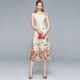 デザイナー滑走路ドレス到着メッシュ刺繍フラワー女性サマードレス半袖甘いロング 210529