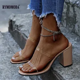 Rymomoda Kobiety Sandały Lato 2021 Moda Sexy Przezroczysty PCV Open-Toe Slip-On Quality High Heel Kapcie Buty Rozmiar 43 Y0721