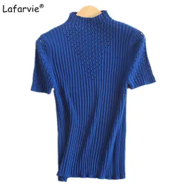 Lafarvie 봄 여름 슬림 할로우 니트 캐시미어 스웨터 여성 짧은 소매 하프 터틀넥 풀오버 바닥 티셔츠 210401