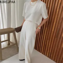 Korejpaa Women Set Summer Korean Chic French Simple Round Neck Loose Short-Sleeved Shirt High-Waist Casual Wide-Leg Pants 210526