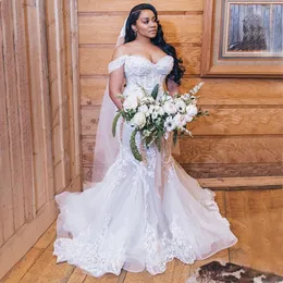 Stunning Plus Size Mermaid Wedding Dresses Off The Shoulder Neck Bridal Gowns Lace Appliqued Sweep Train Tulle Vestido De Novia