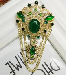 Retro brosch vintage juvel antik klänning halsduk knapp dubbel lager kedja lyxiga gröna stenpinnar
