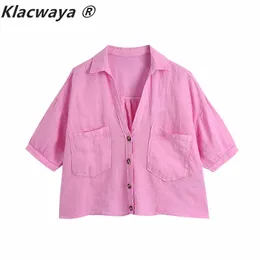 Moda donna color caramella doppie tasche grembiule di lino allentato camicetta bottoni donna camicia corta chic kimono blusas top 210521
