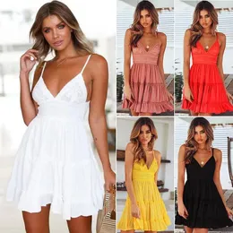 Casual Dresses Women Summer Dress Sexy Edge Boog Backless V-neck Mini Beach Dresses Mouwlless Ruche White